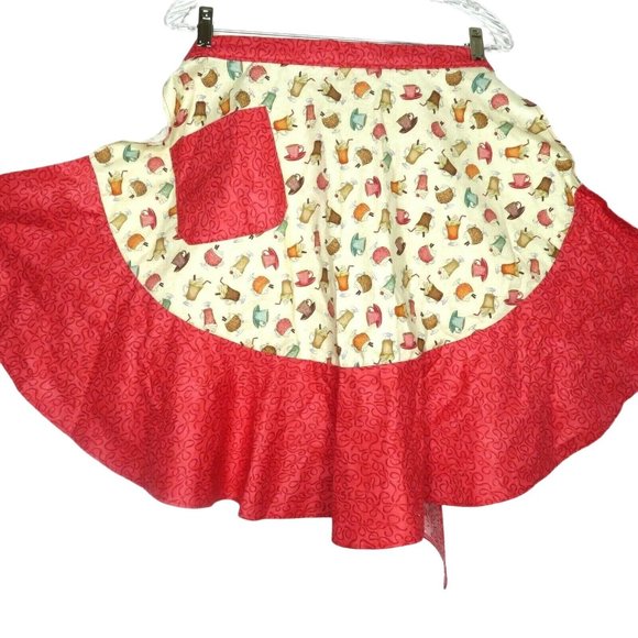 Retro Cooking Half Apron One Size Fountain Drinks Red Ruffle Pocket Tie Waist - Picture 6 of 11